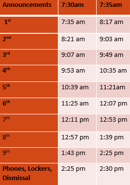 Bell Schedule effective Nov. 28, 2022